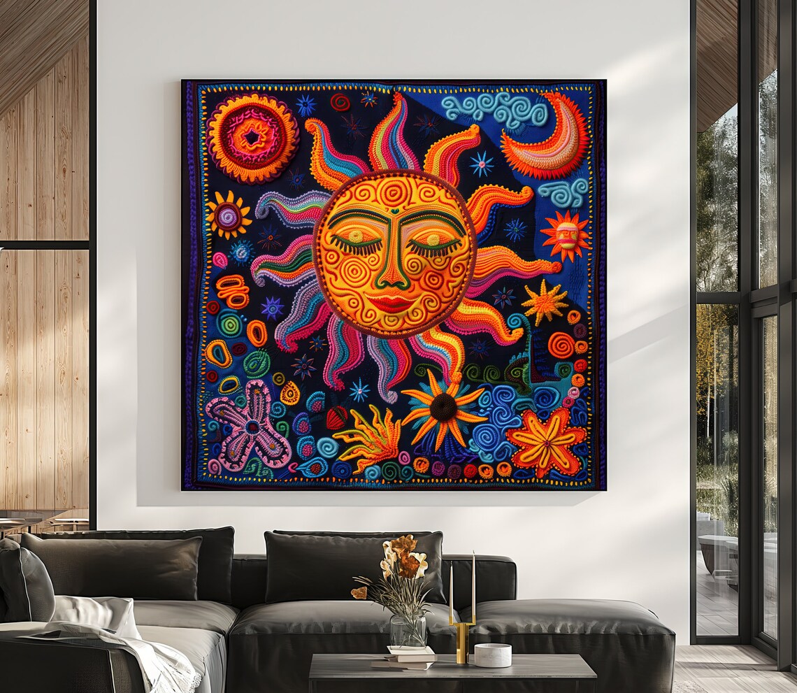 Smiling Sun Face Huichol Yarn Art Poster on Midnight Blue Background - Image 5