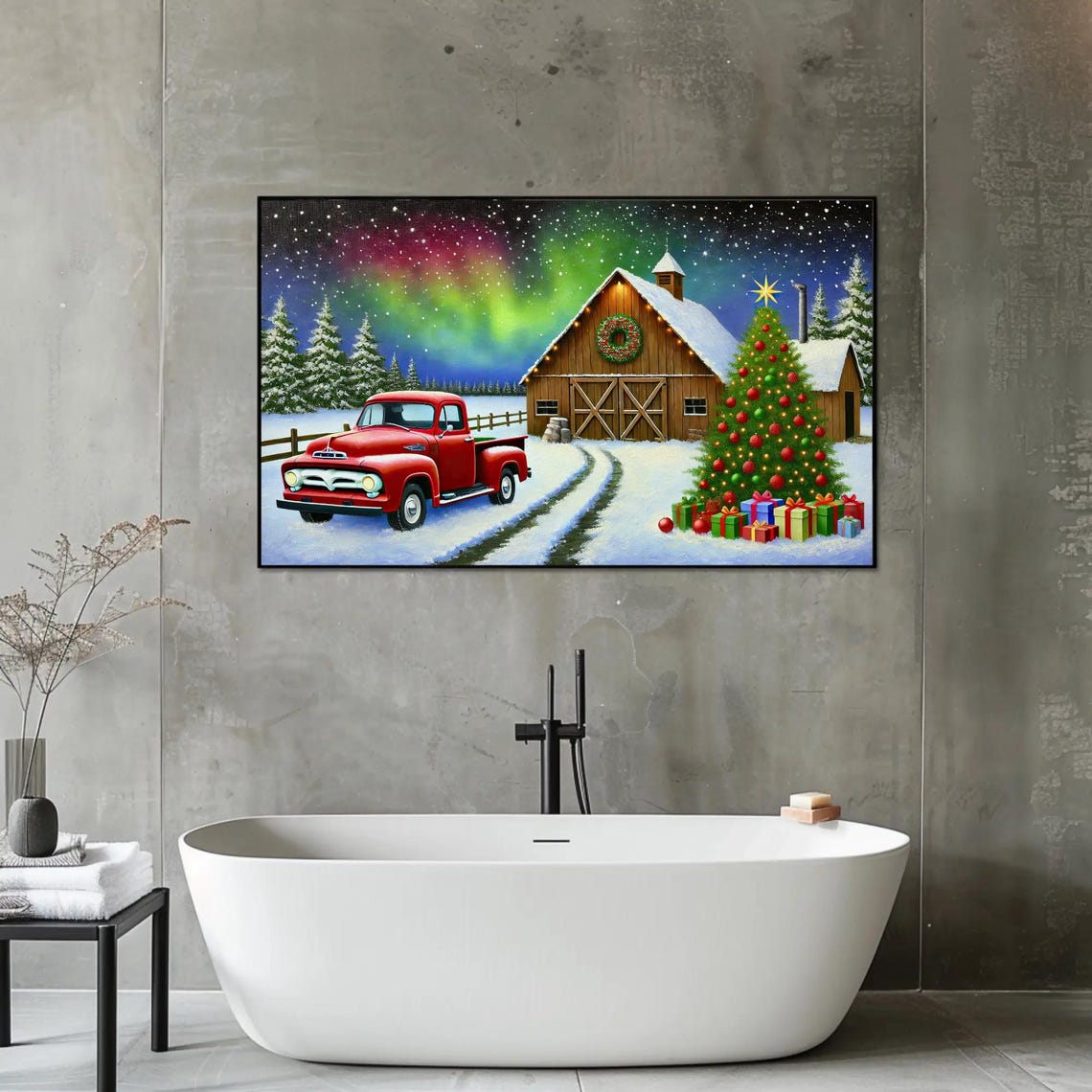 Vintage Red Truck At A Wooden Barn Under Aurora Lights Poster - Image 3