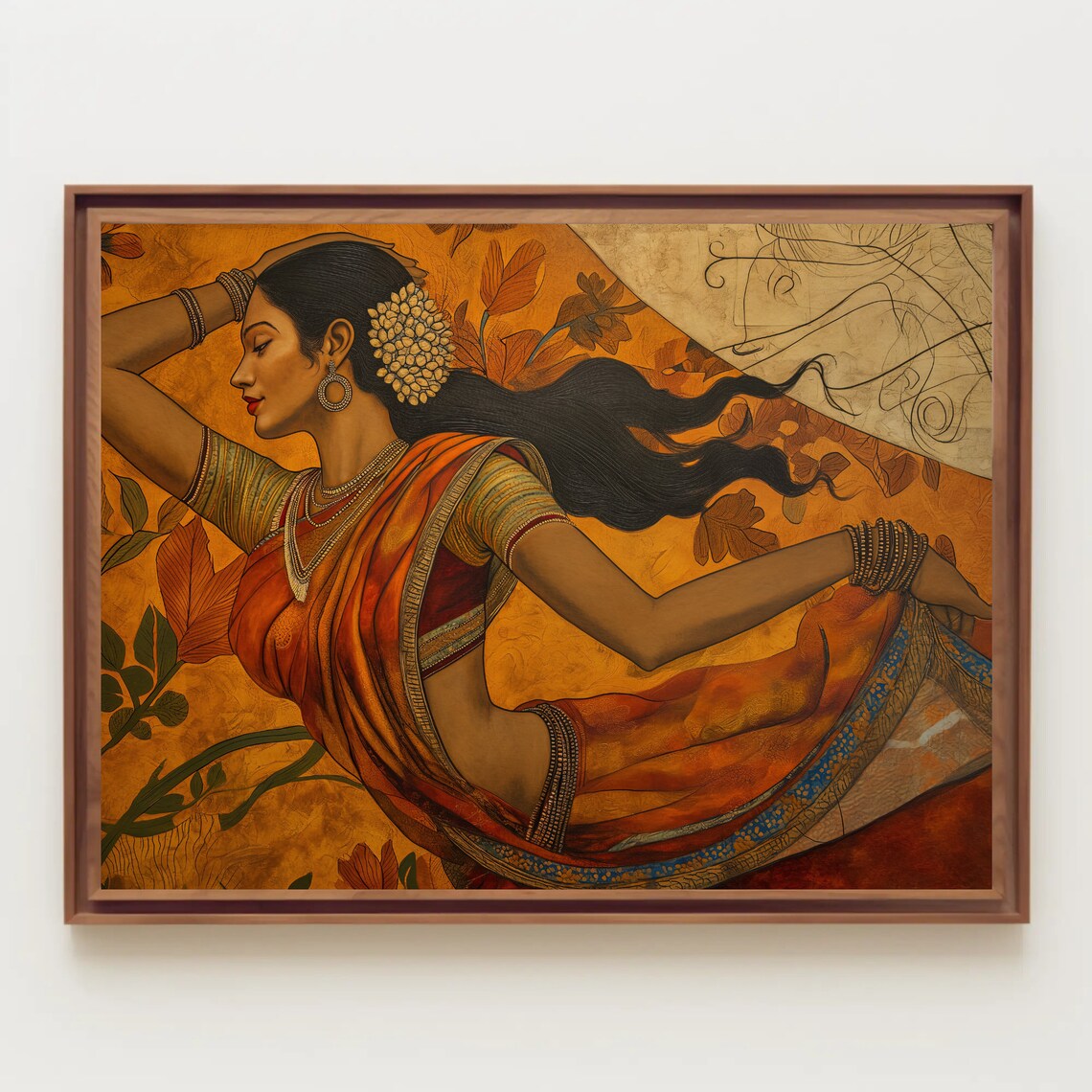 Indian Woman in Orange Saree Dancing Golden Traditional Art Poster - Image 5