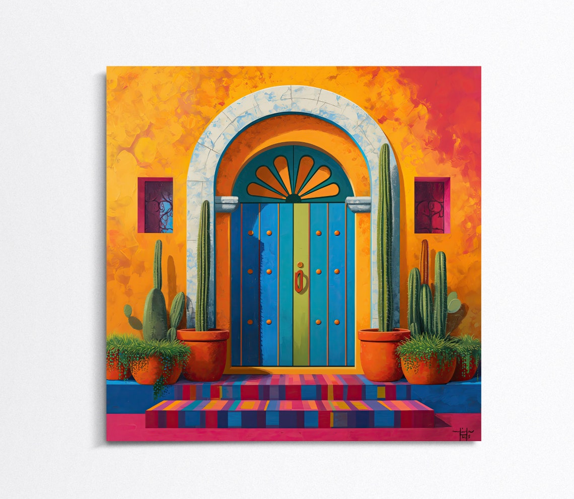 Vibrant Mexican Door With Cacti Orange Wall Architecture Print - Image 5