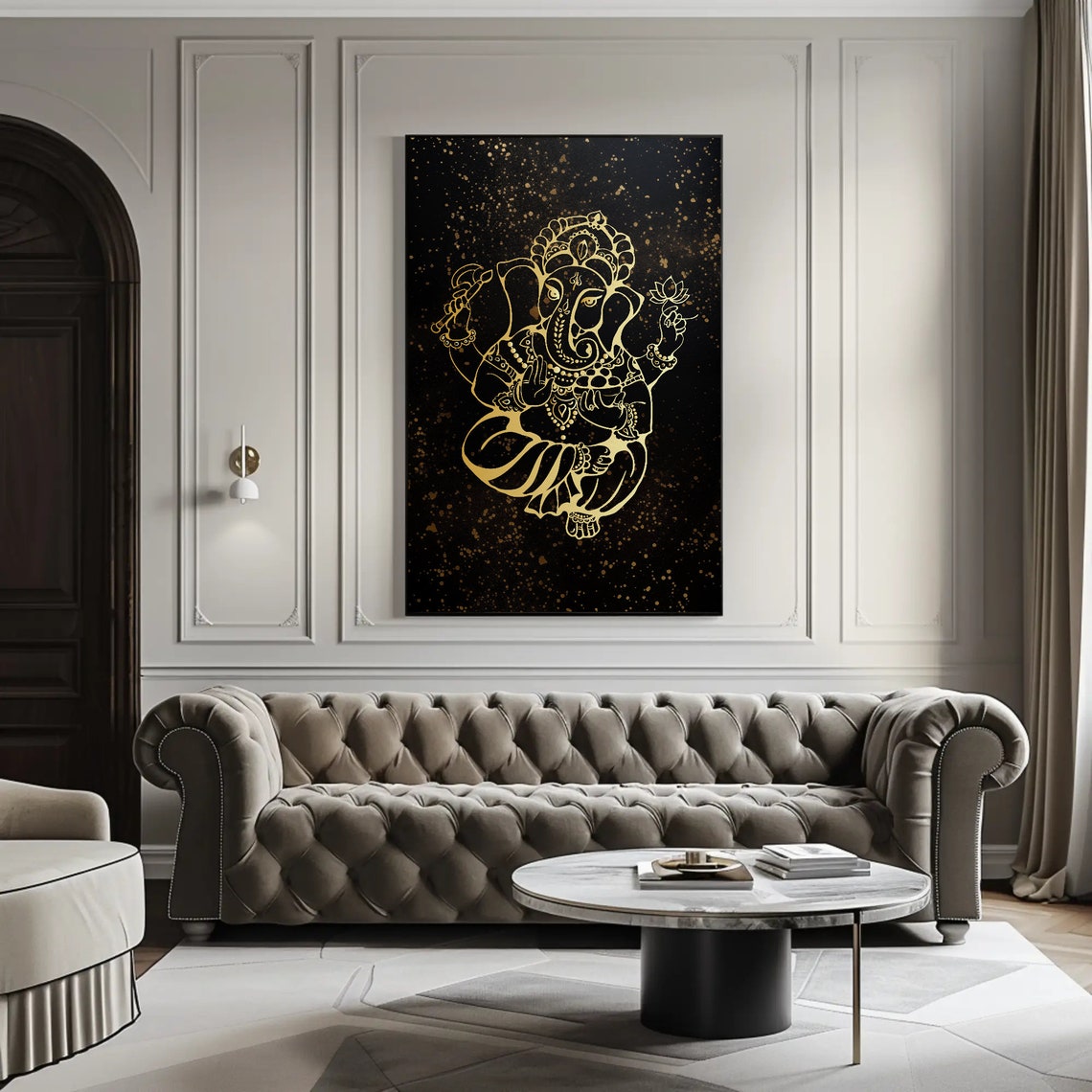 Golden Lord Ganesha Line Art On Black Spiritual Decor Poster - Image 5