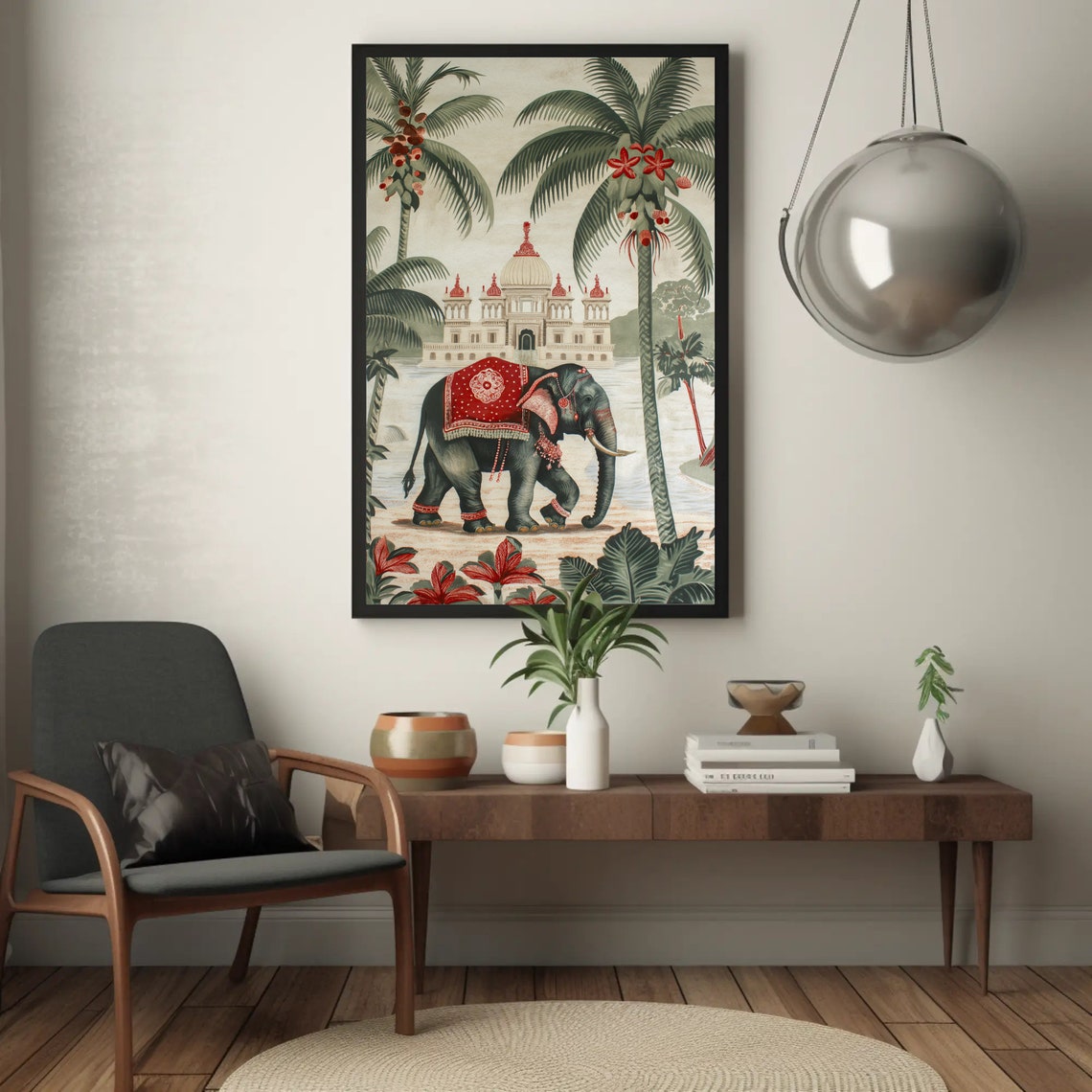 Indian Elephant Before Palace Tropical Vintage Chinoiserie Poster - Image 3