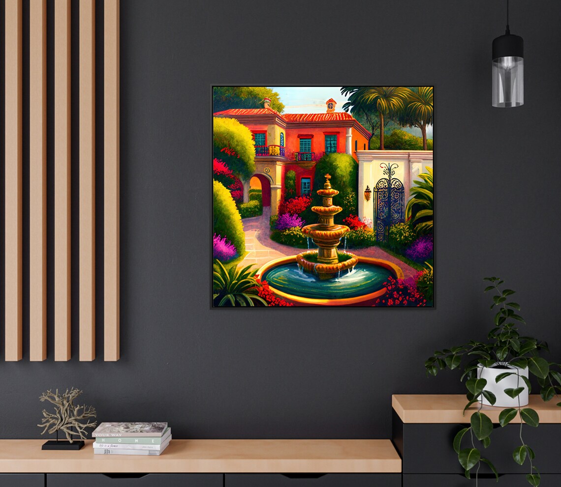 Mexican Red Hacienda Tiered Fountain Lush Garden Colonial Art Poster - Image 3