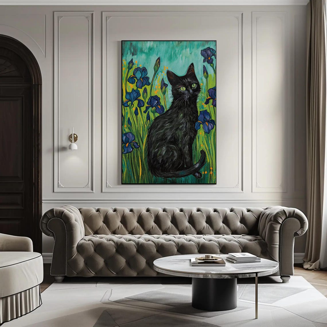 Black Cat Sitting Among Purple Irises Van Gogh Style Cute Pet Poster - Image 3