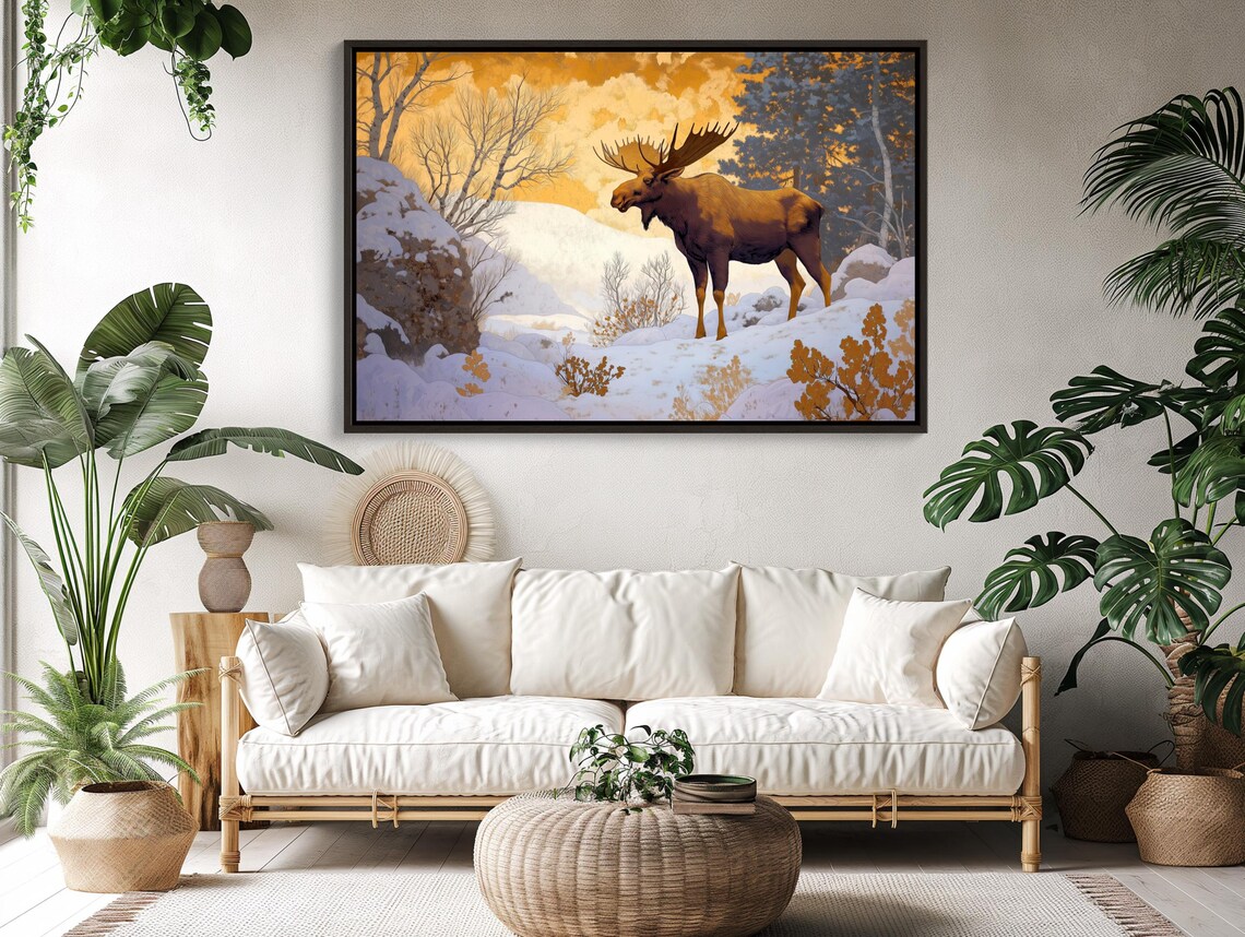Moose Snowy Winter Glowing Golden Sky Frosted Forest Wildlife Poster - Image 4