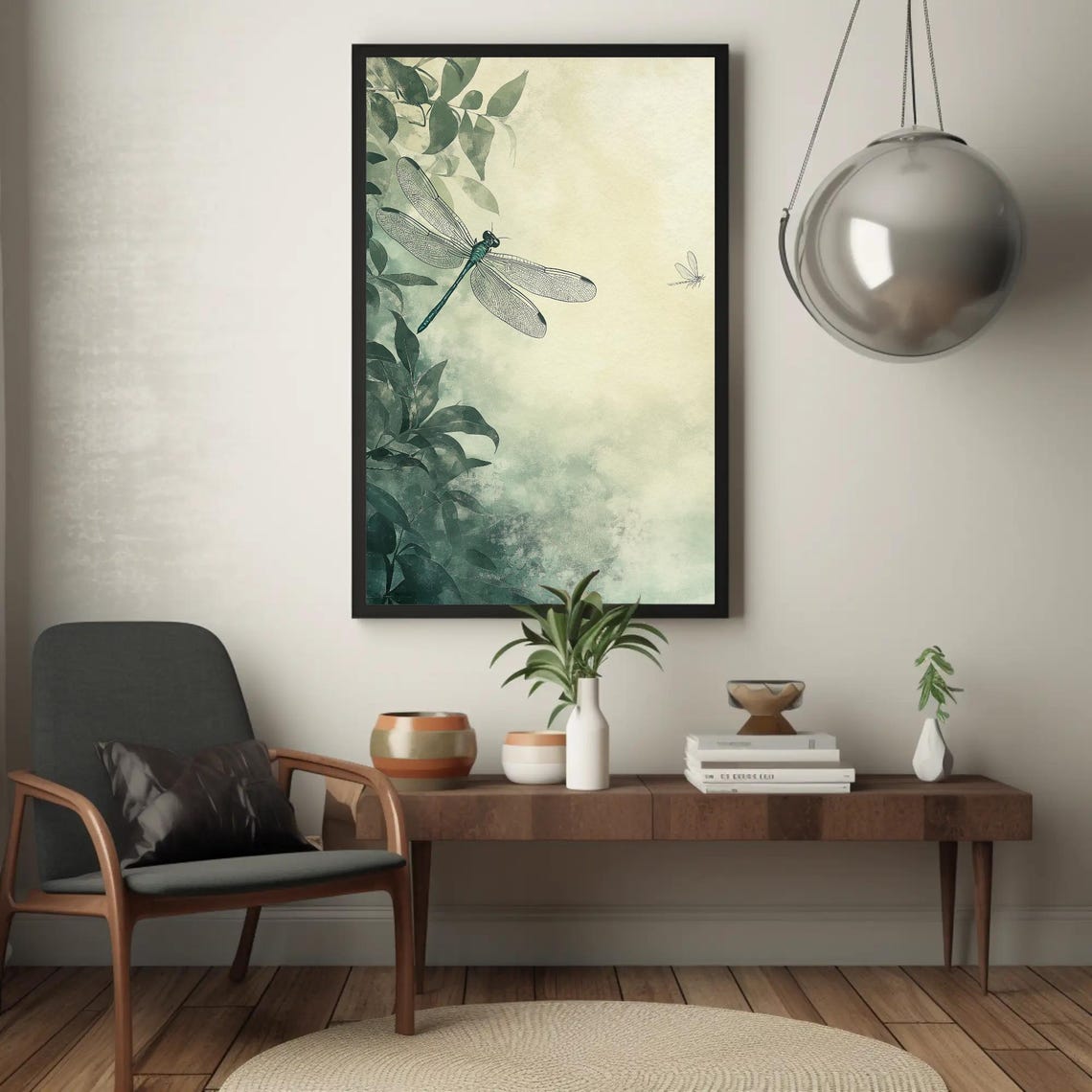 Sage Green Dragonfly Resting Among Soft Watercolor Leaves Poster - Image 4