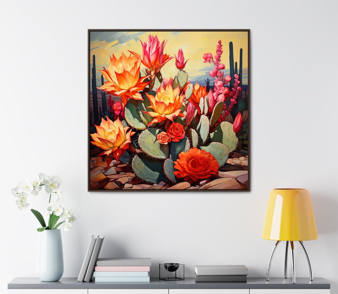 Blooming Prickly Pear Cactus Flowers Desert Scene Art Poster - Image 4