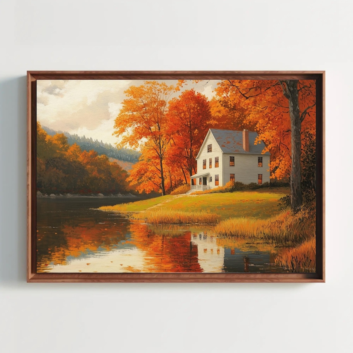 New England Farmhouse In Autumn White House By The Lake Poster