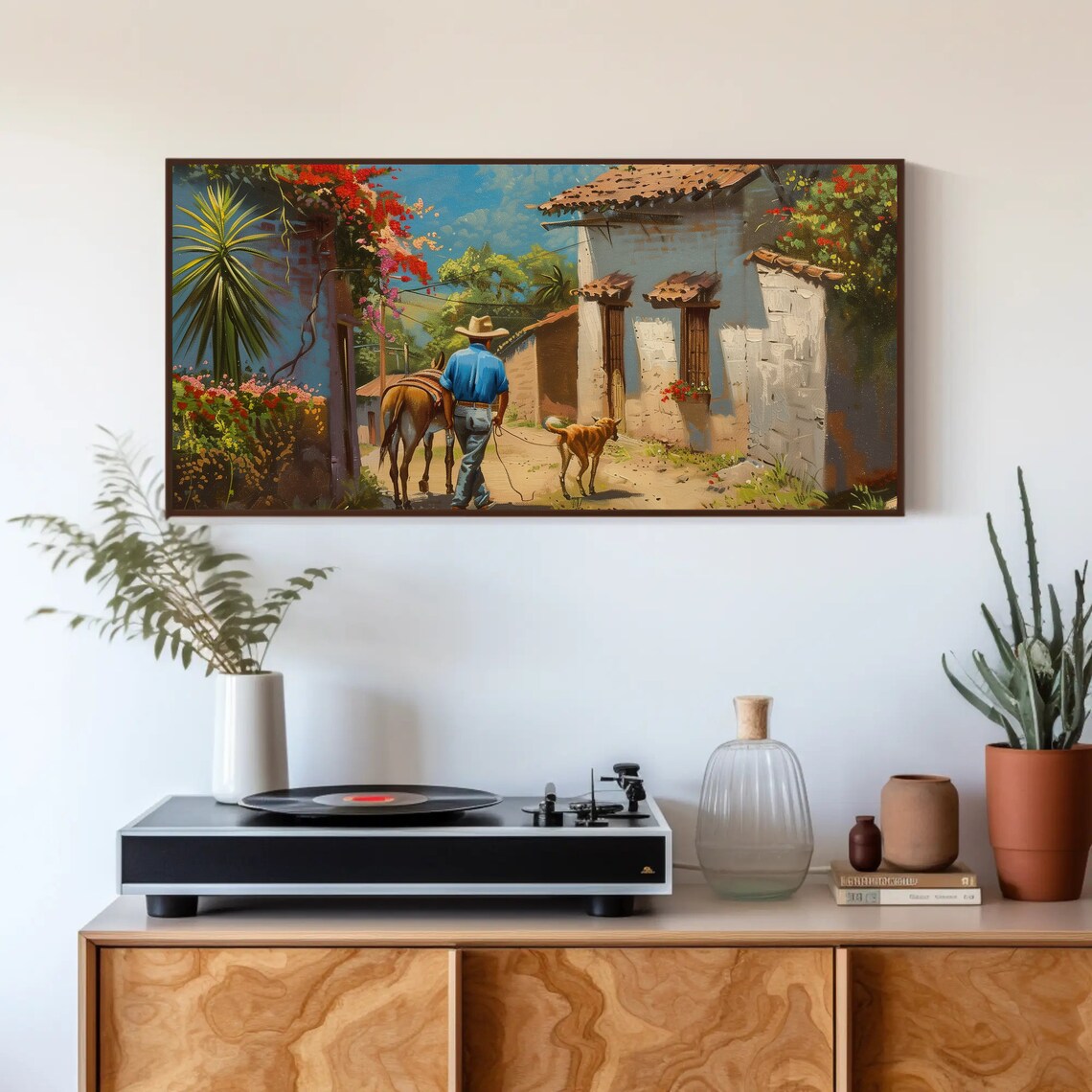 Mexican Village Oil Painting, Man With Dog and Donkey - Image 4