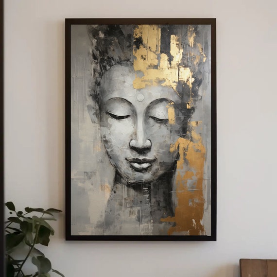Buddha Portrait Gold Hint Painting Large Wall Art Buddhist Wall Art Framed Print Stretched Ready To Hang
