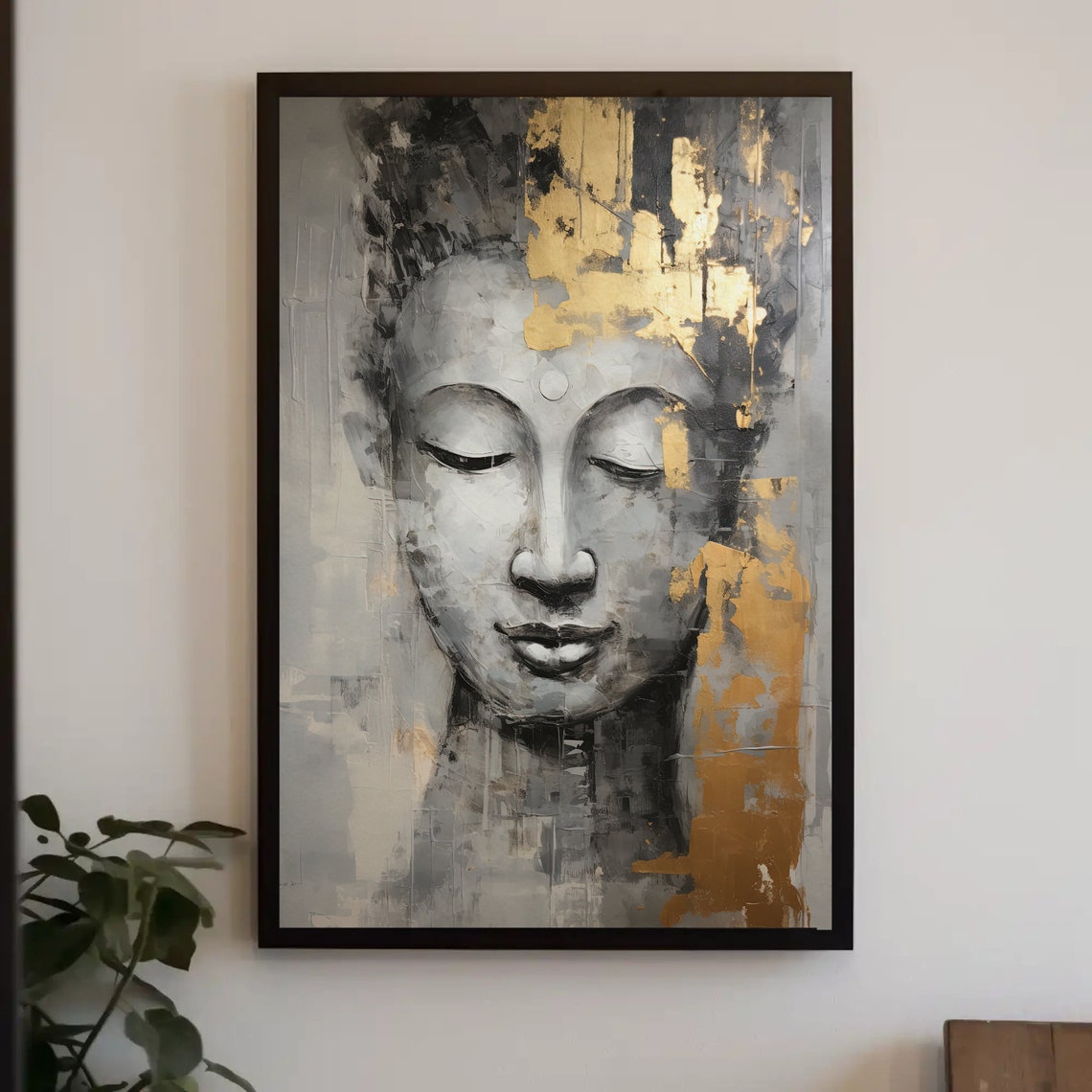 Buddha Portrait with Gold Leaf Abstract Spiritual Decor Print