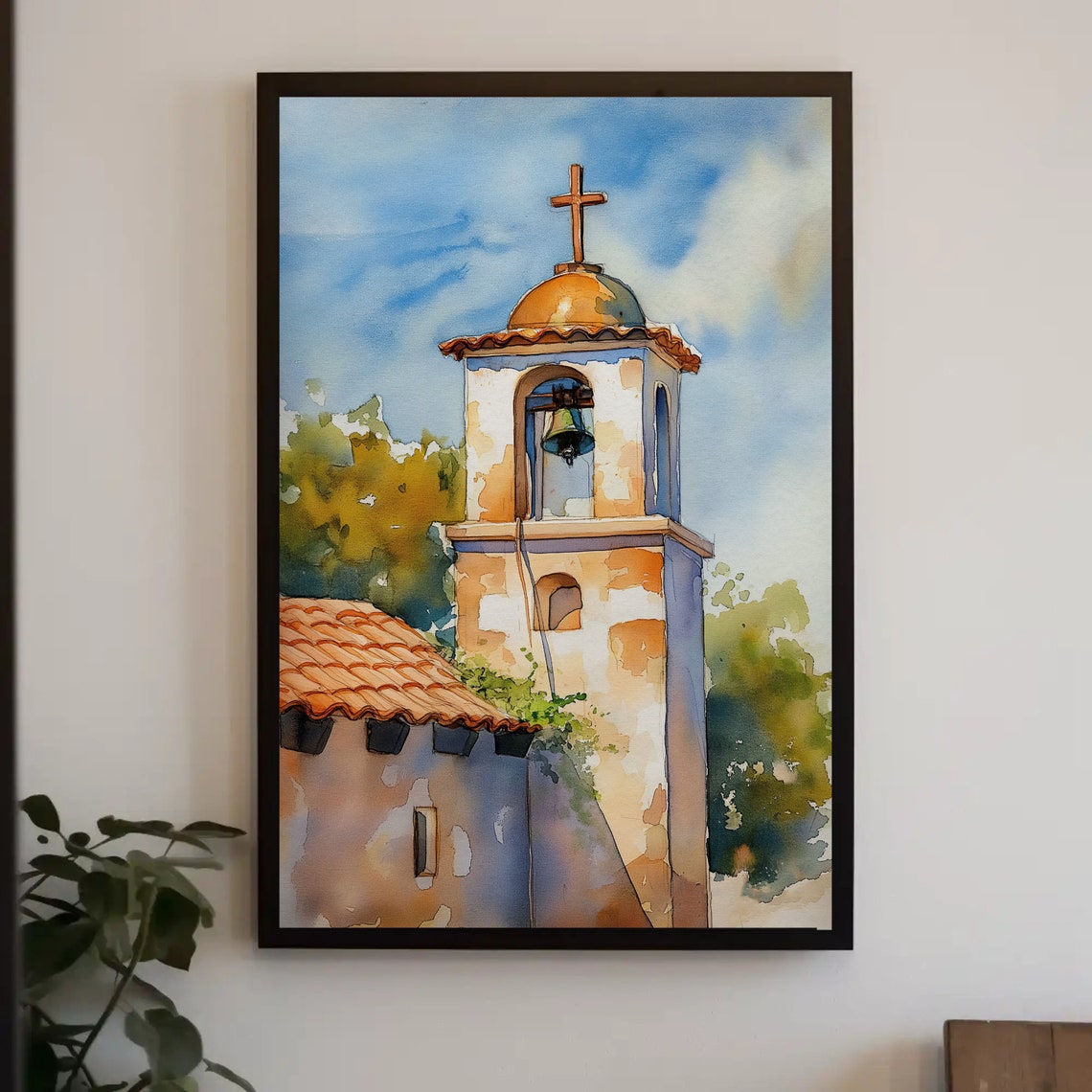 Spanish Chapel Bell Tower Watercolor Cross Dome Painting Poster