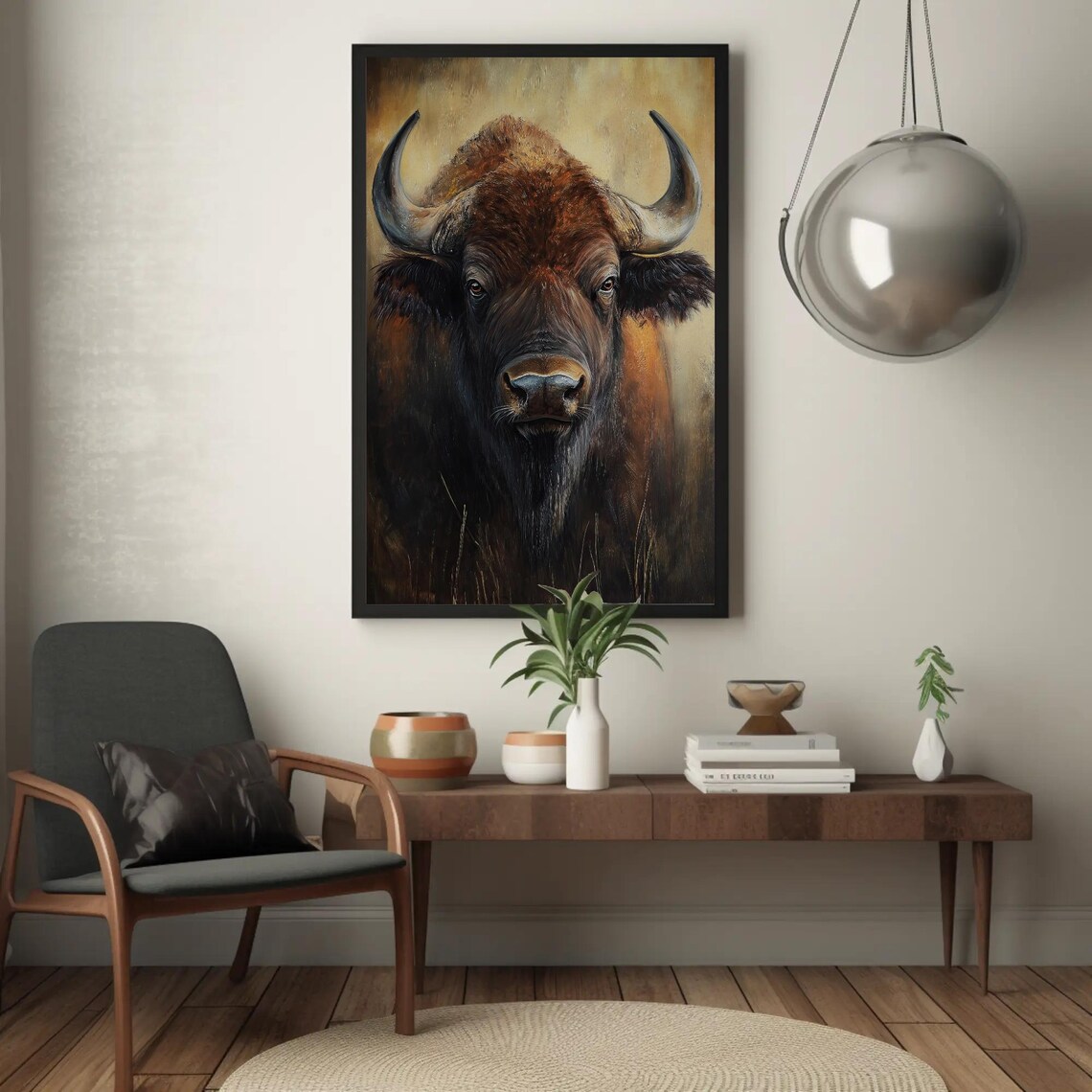 Powerful Bison Close-Up Portrait Rustic Earthy Oil Painting Poster - Image 5