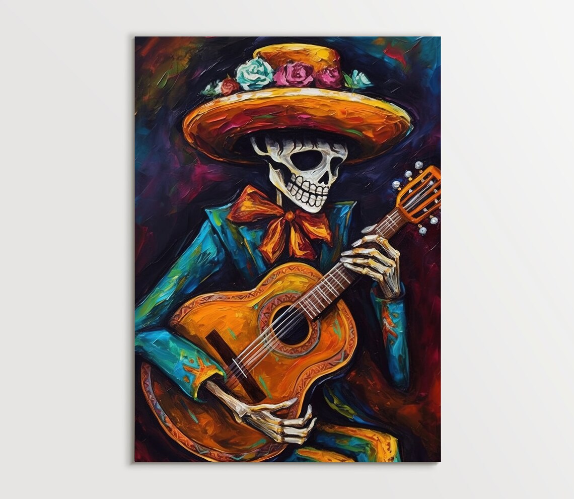 Mexican Mariachi Cowboy Skeleton Guitarist Art Print - Image 5