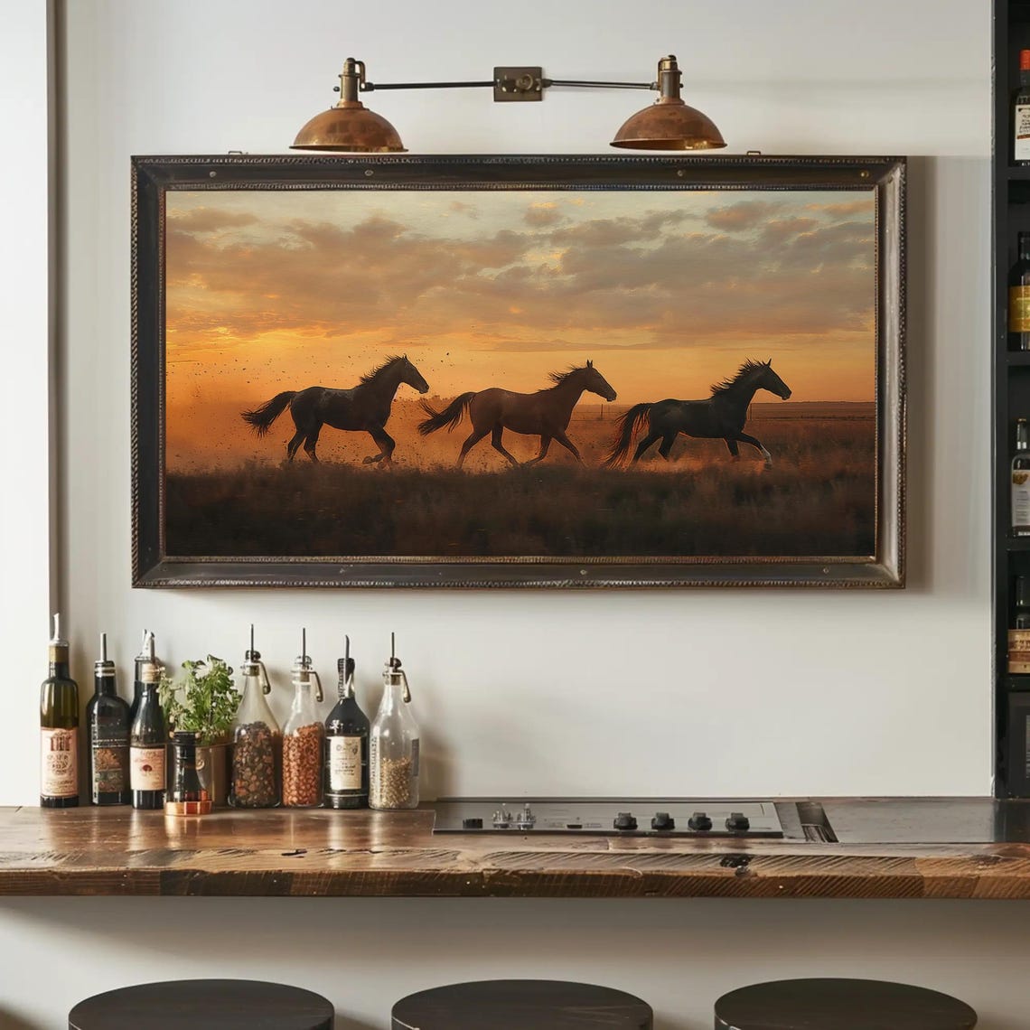 Galloping Horses Silhouette At Sunset Prairie Dust Art Poster - Image 3