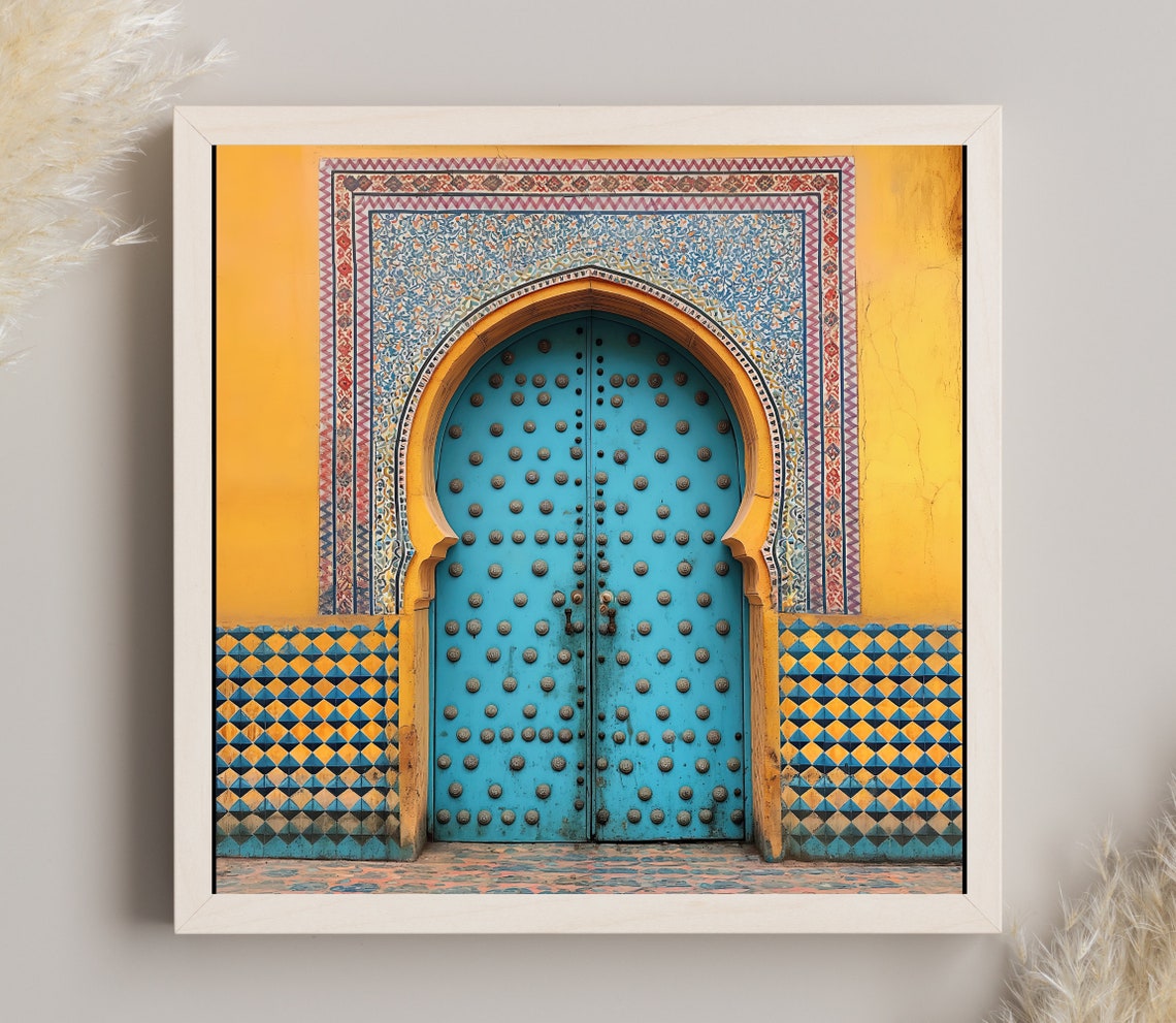 Moroccan Blue Studded Door With Mosaic Tilework Architecture Poster
