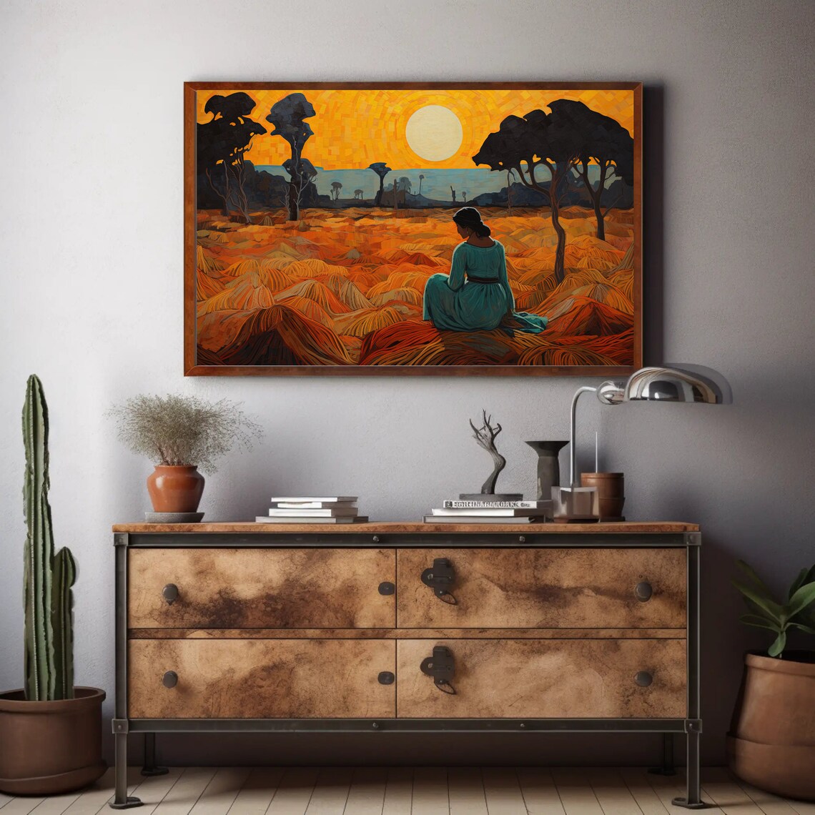 Indian Woman Waiting in a Grass Field, Desi Art Print - Image 2