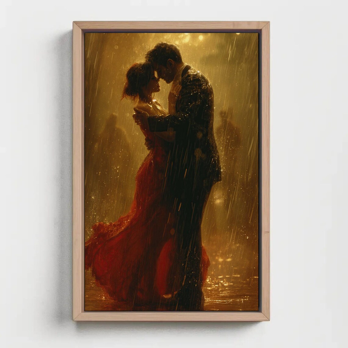 Romantic Couple Kissing In A Golden Rain Glow Painting Poster - Image 2