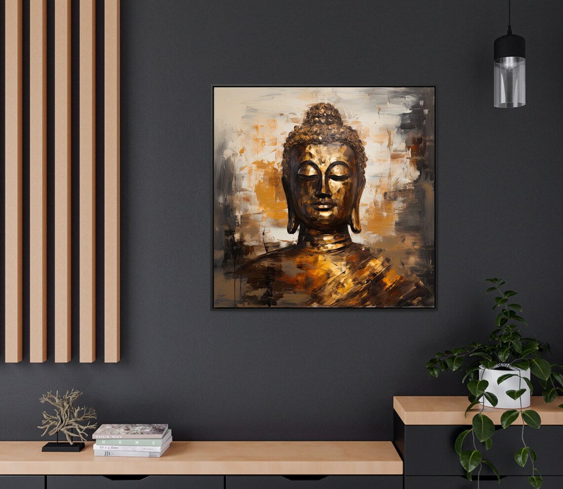 Bronze Buddha Face Close Up in Golden Calm Oil Painting Poster - Image 2