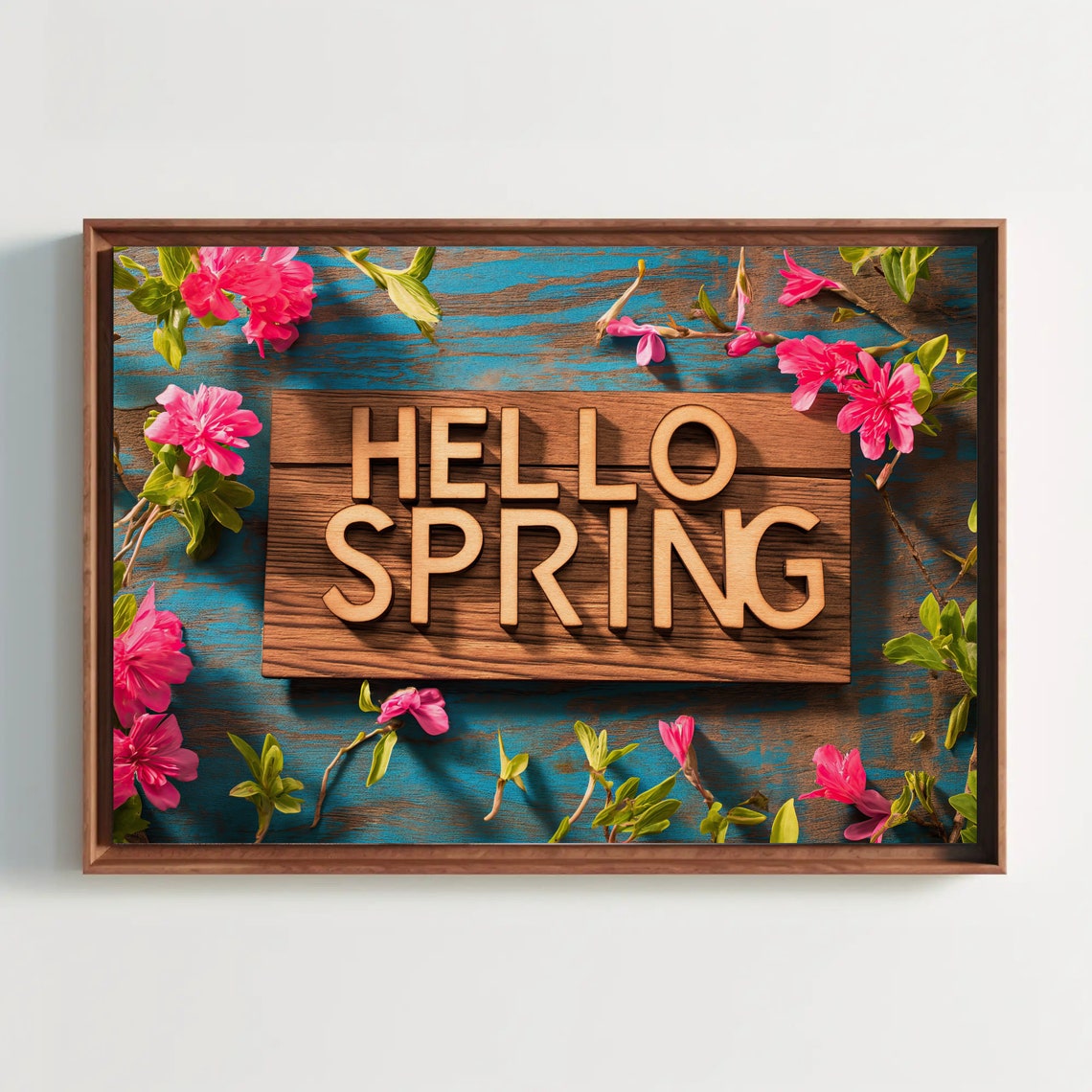 Hello Spring Wooden Sign Teal Planks Pink Blossom Decor Poster