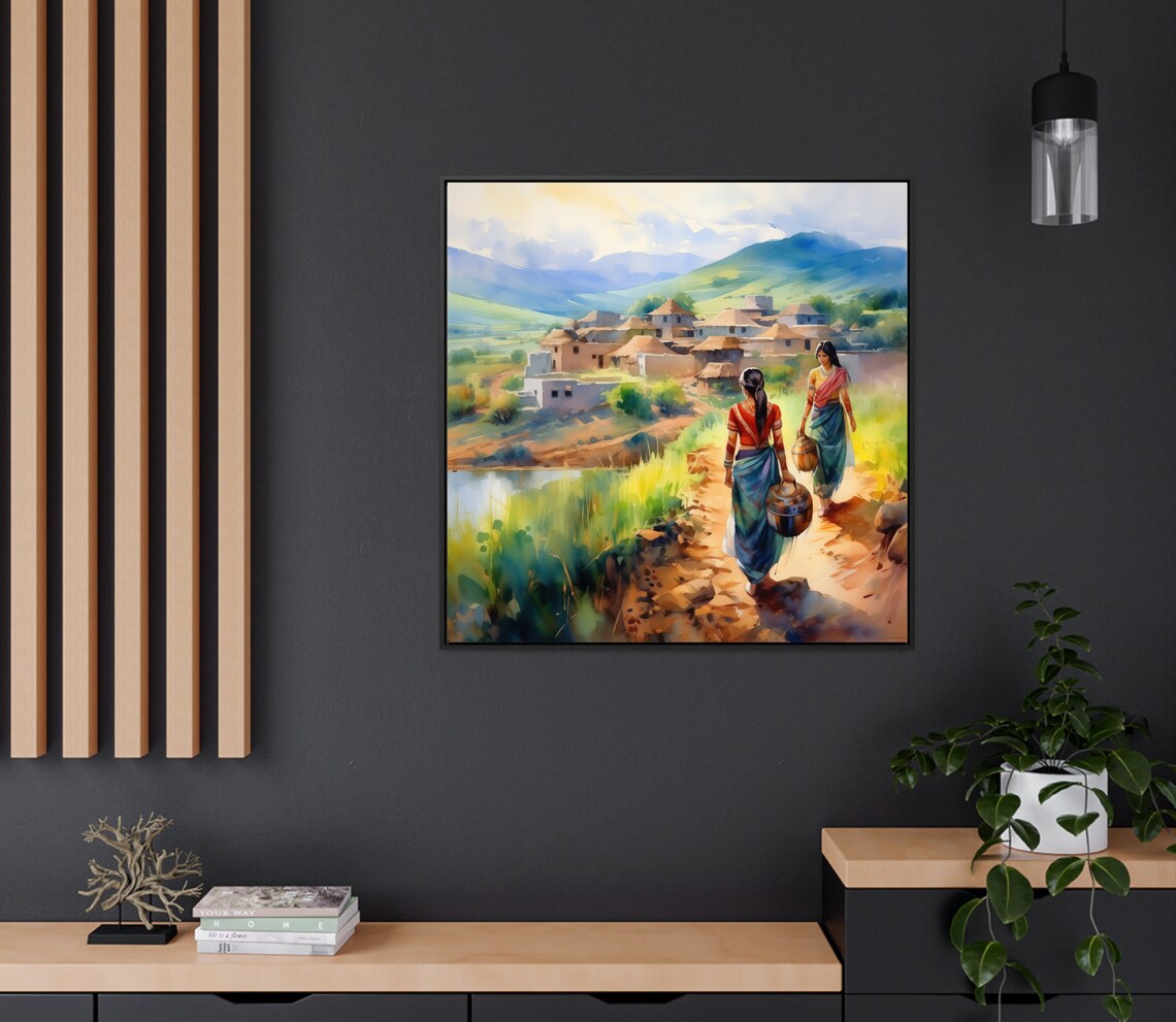 Women Carrying Water Pot To Village Painting Indian Art India Wall Art Square Art Print Desi Wall Art Indian Home Decor - Image 2