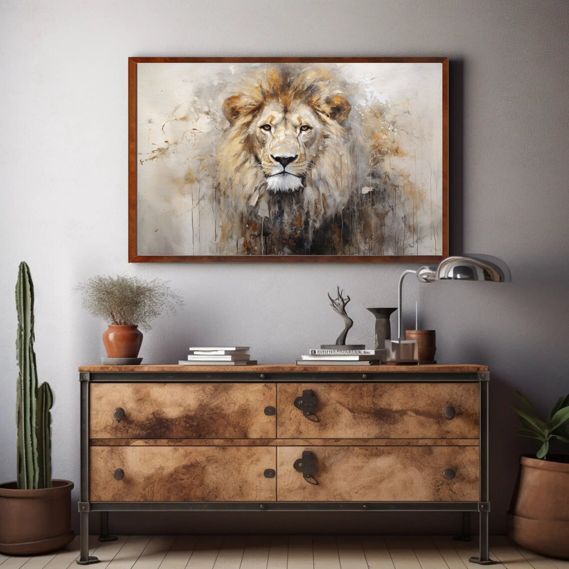 Abstract Lion Portrait in Warm Gold and Gray Brushstrokes Poster - Image 4