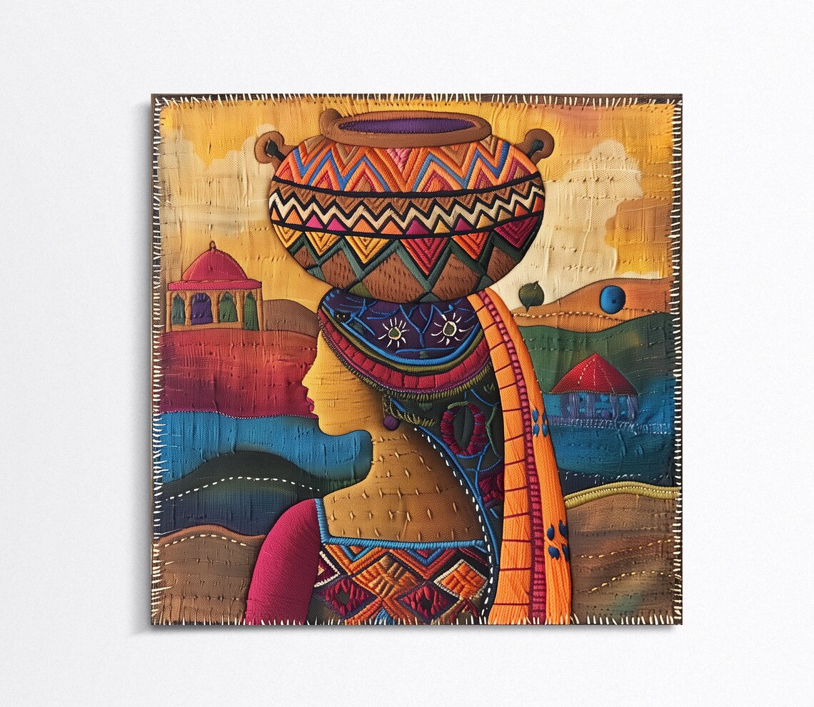 Indian Woman Carrying Water Pot Textile Art Poster Embroidery Style - Image 2