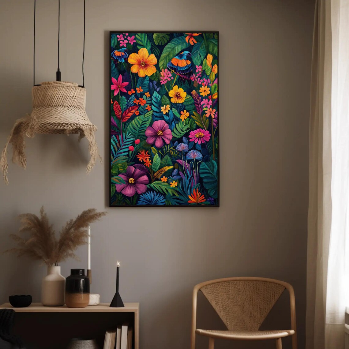Vibrant Tropical Flowers And Colorful Parrots Vertical Wall Art - Image 2