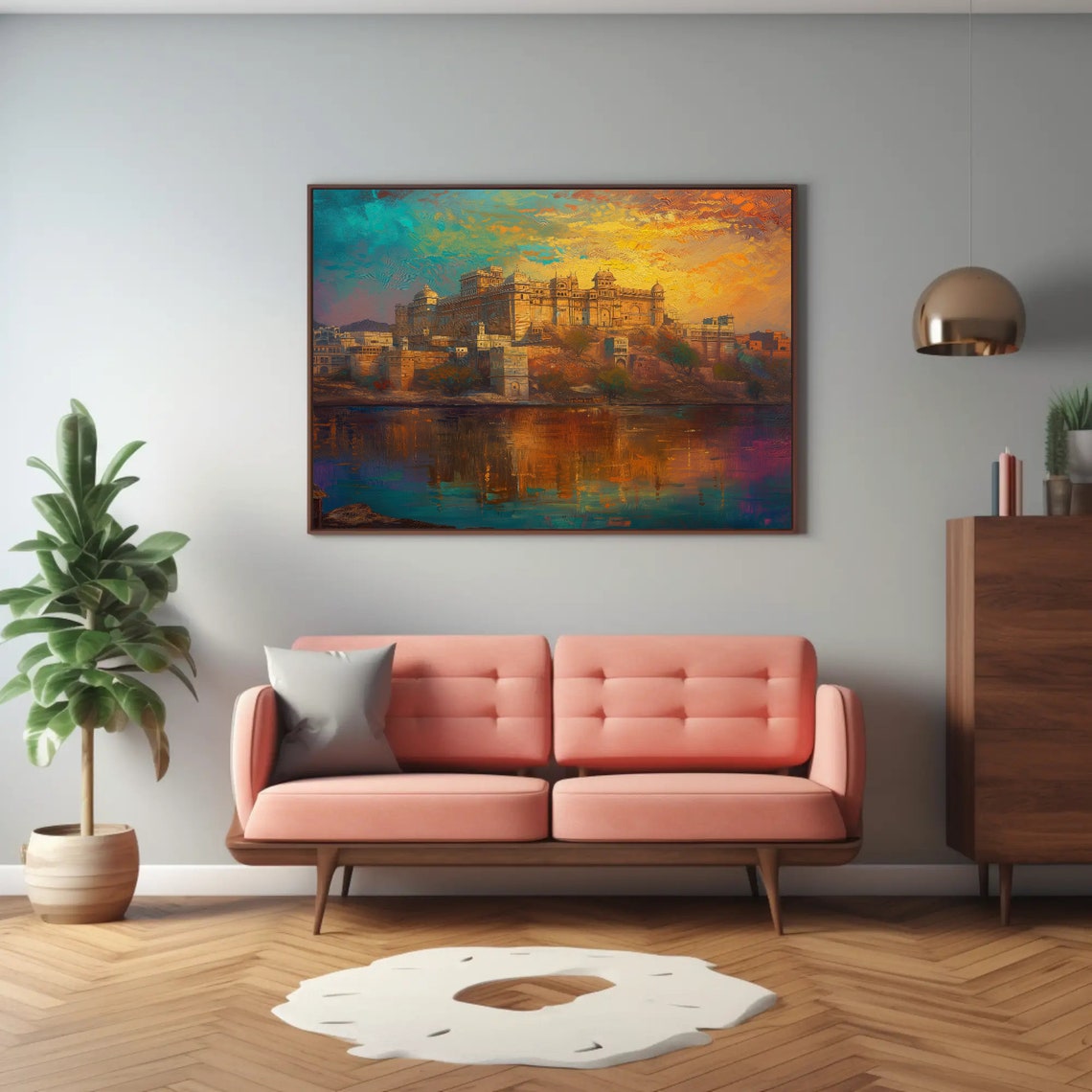Rajasthani Fort Above A Golden Sunset Lake Reflection Poster - Image 2