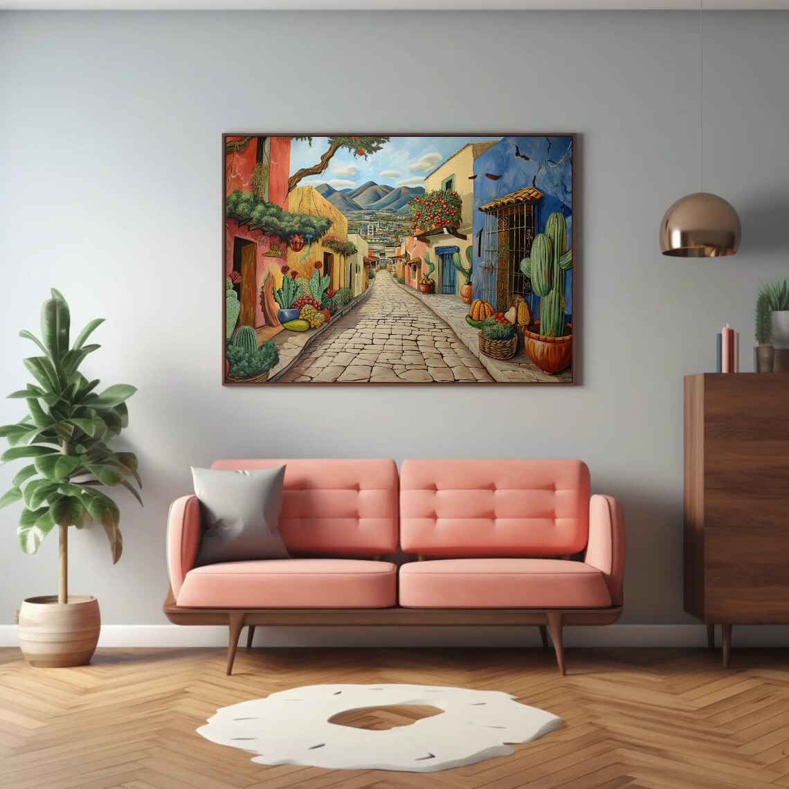 Mexican Cobblestone Street Colorful Houses Cacti Painting Poster - Image 2