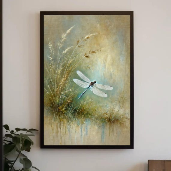 Dragonfly Sage Green Painting Print Minimalist Nature Wall Art Botanical Decor Tranquil Dragonfly Art Ready To Hang