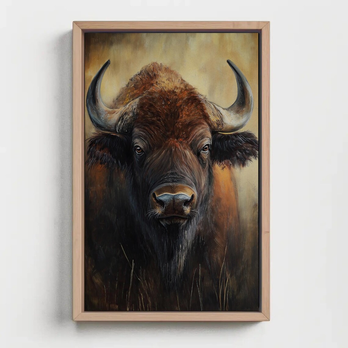 Powerful Bison Close-Up Portrait Rustic Earthy Oil Painting Poster - Image 2