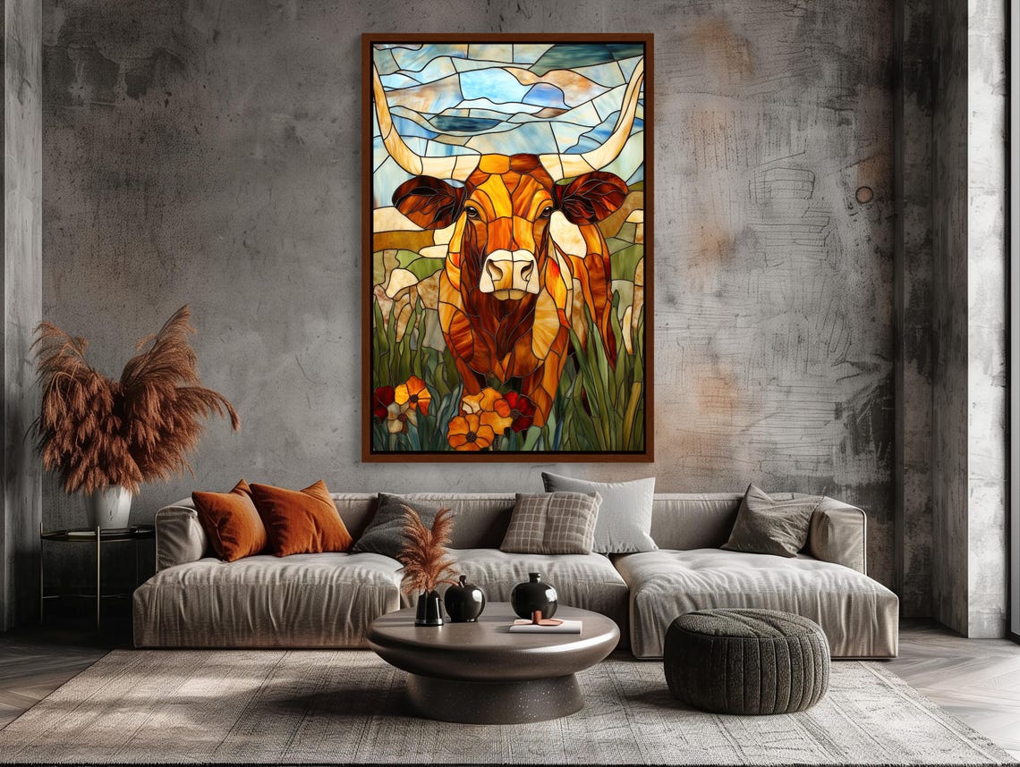 Texas Longhorn In Glowing Stained Glass Western Cattle Poster - Image 2
