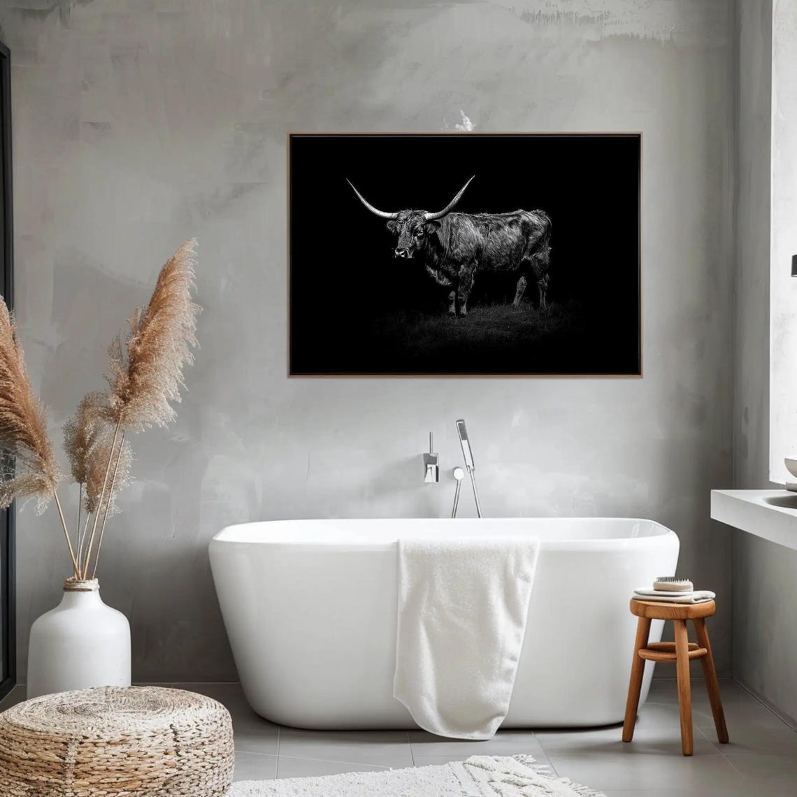 Black And White Highland Cow Full Body On Dark Background Poster - Image 3
