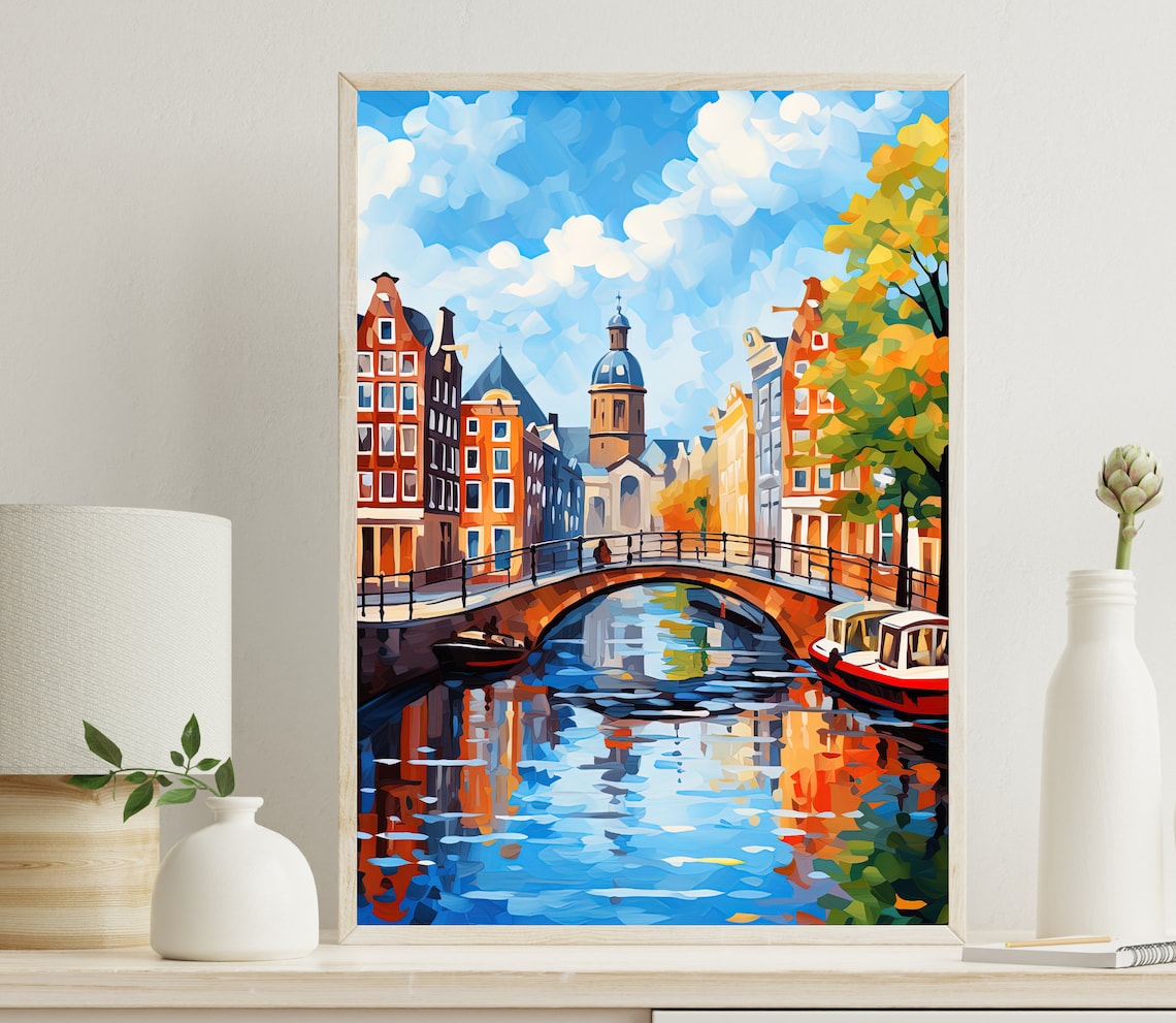 Amsterdam Canal Bridge Row Houses Netherlands Daytime Art Poster