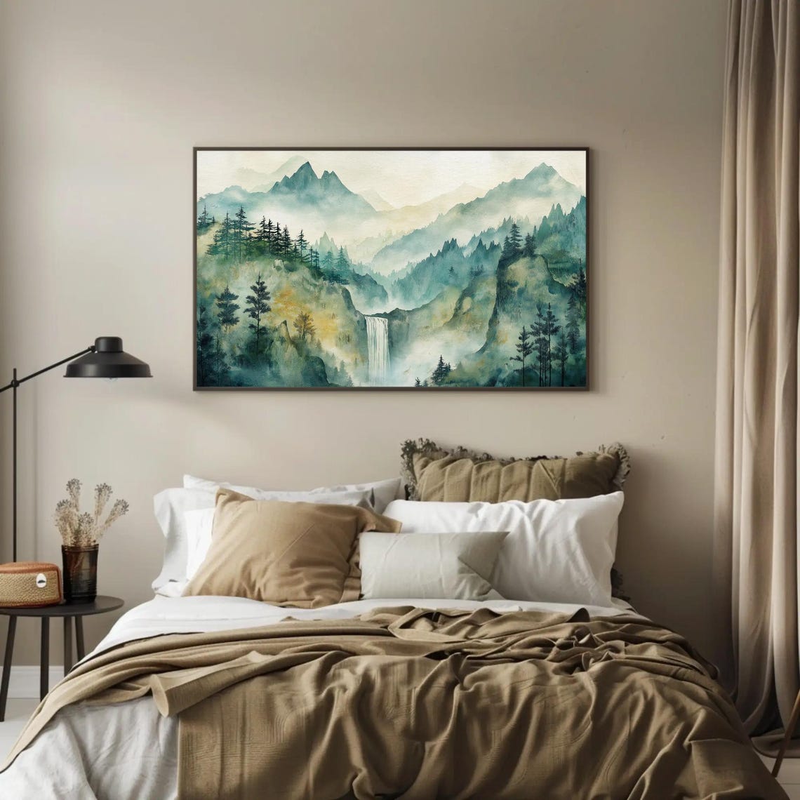 Misty Chinese Mountain Landscape with Waterfall Watercolor Poster - Image 2