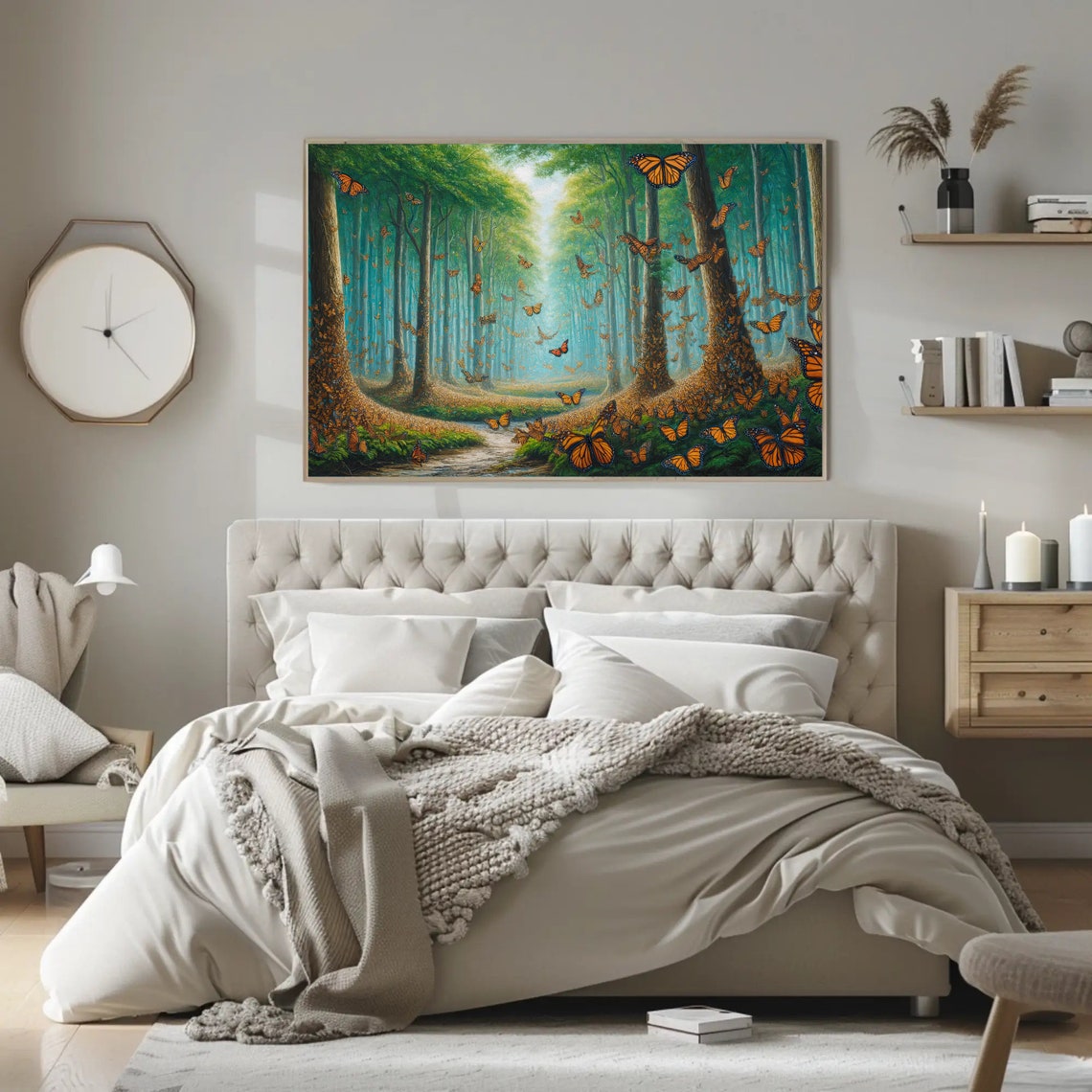 Monarch Butterflies Filling a Sunlit Green Forest Sanctuary Poster - Image 2
