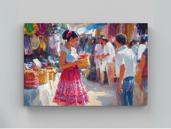 Mexican Woman at a Vibrant Outdoor Market with Basket Scene Poster