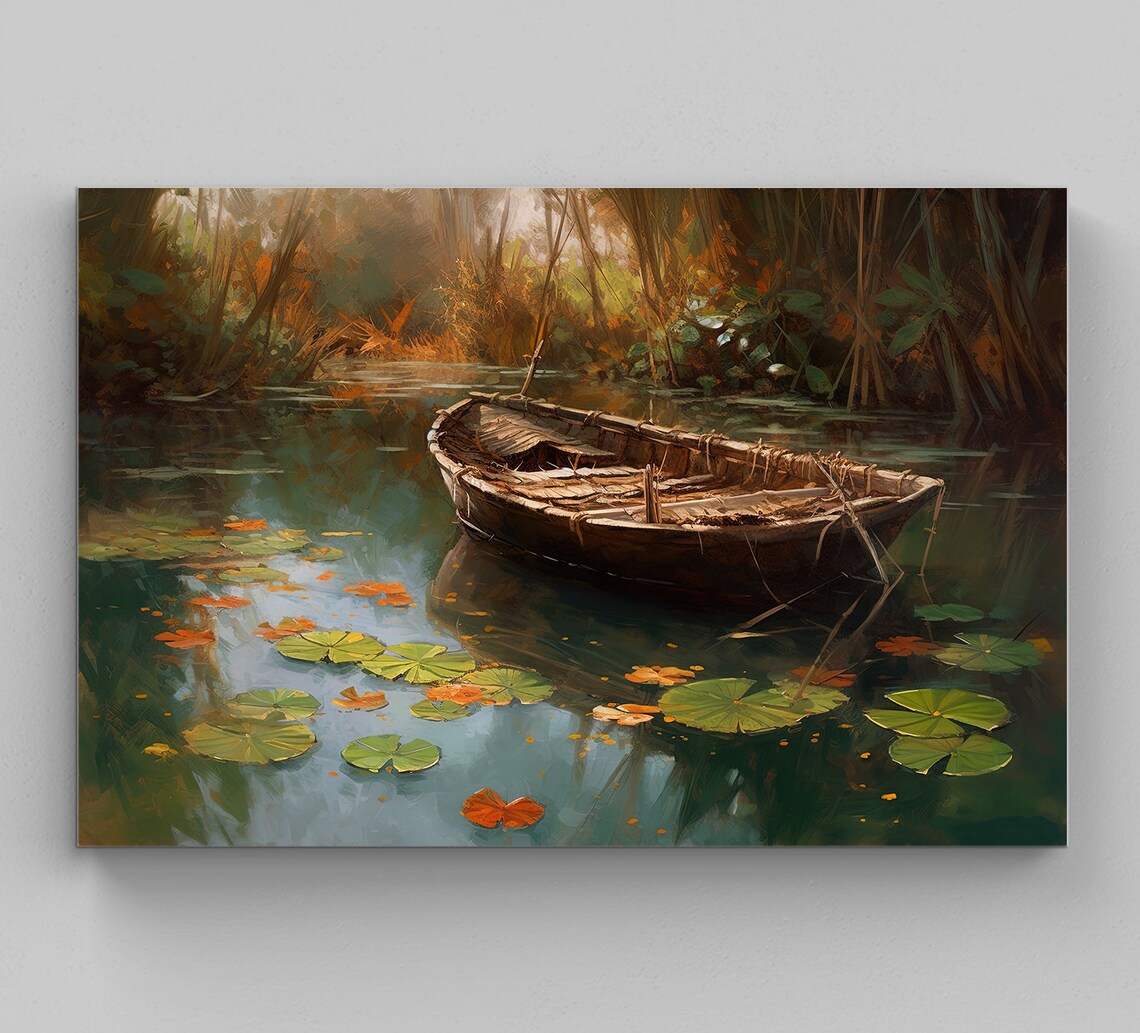Weathered Wooden Boat Resting Among Lily Pads on Still Water Poster