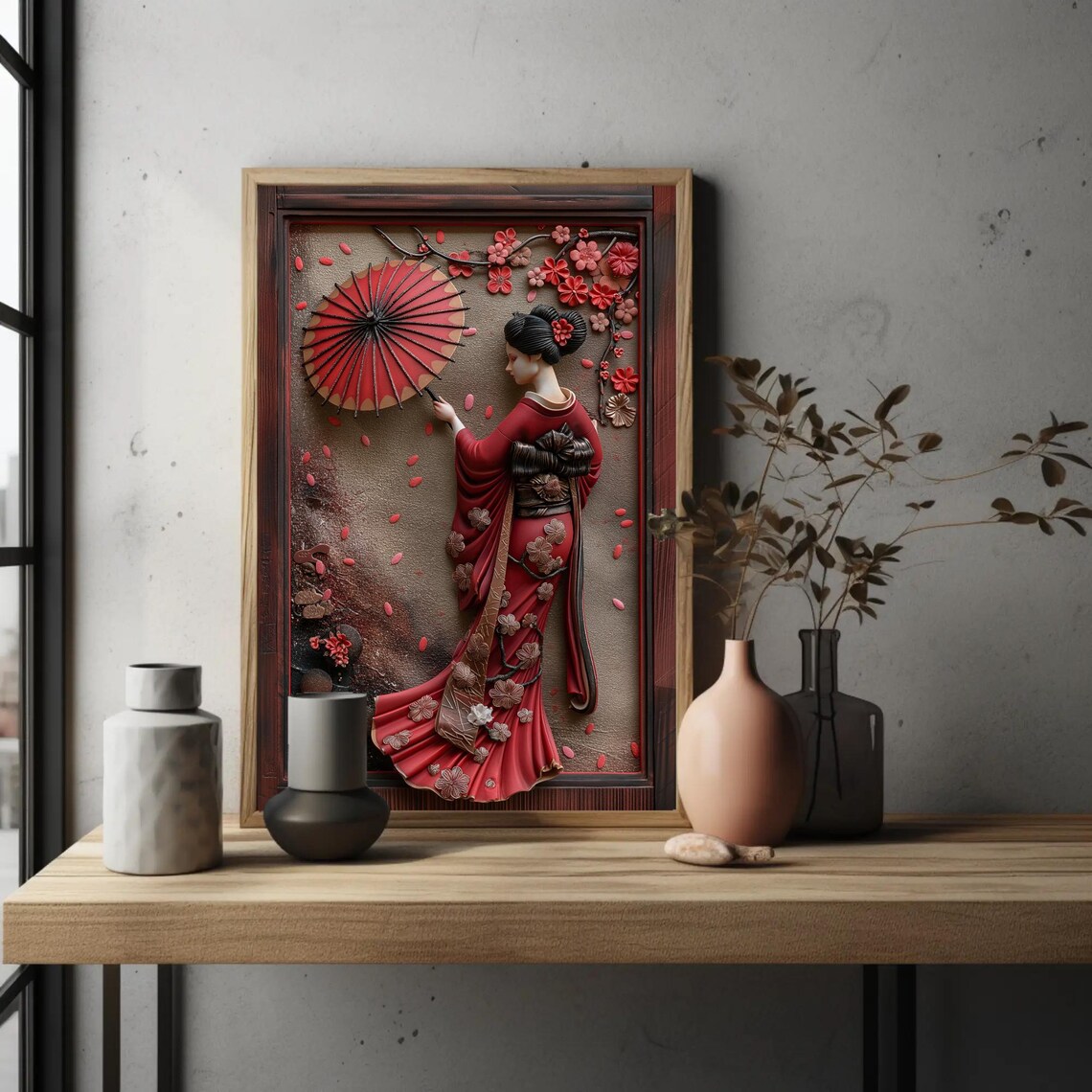 Japanese Geisha In Red Kimono With Umbrella 3D Clay Art Poster - Image 5