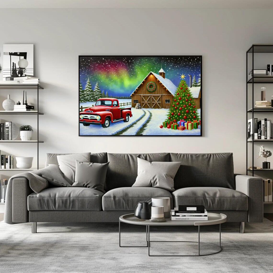 Vintage Red Truck At A Wooden Barn Under Aurora Lights Poster - Image 5