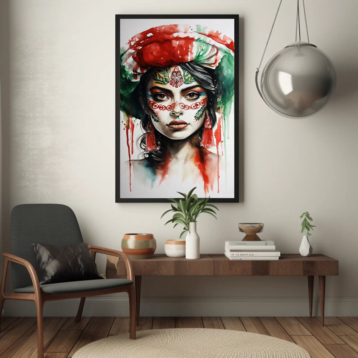 Mexican Girl In Mexican Flag Color Portrait Print Mexican Watercolor Painting Mexican Girl Art Print Mexican Art Mexico Travel - Image 4