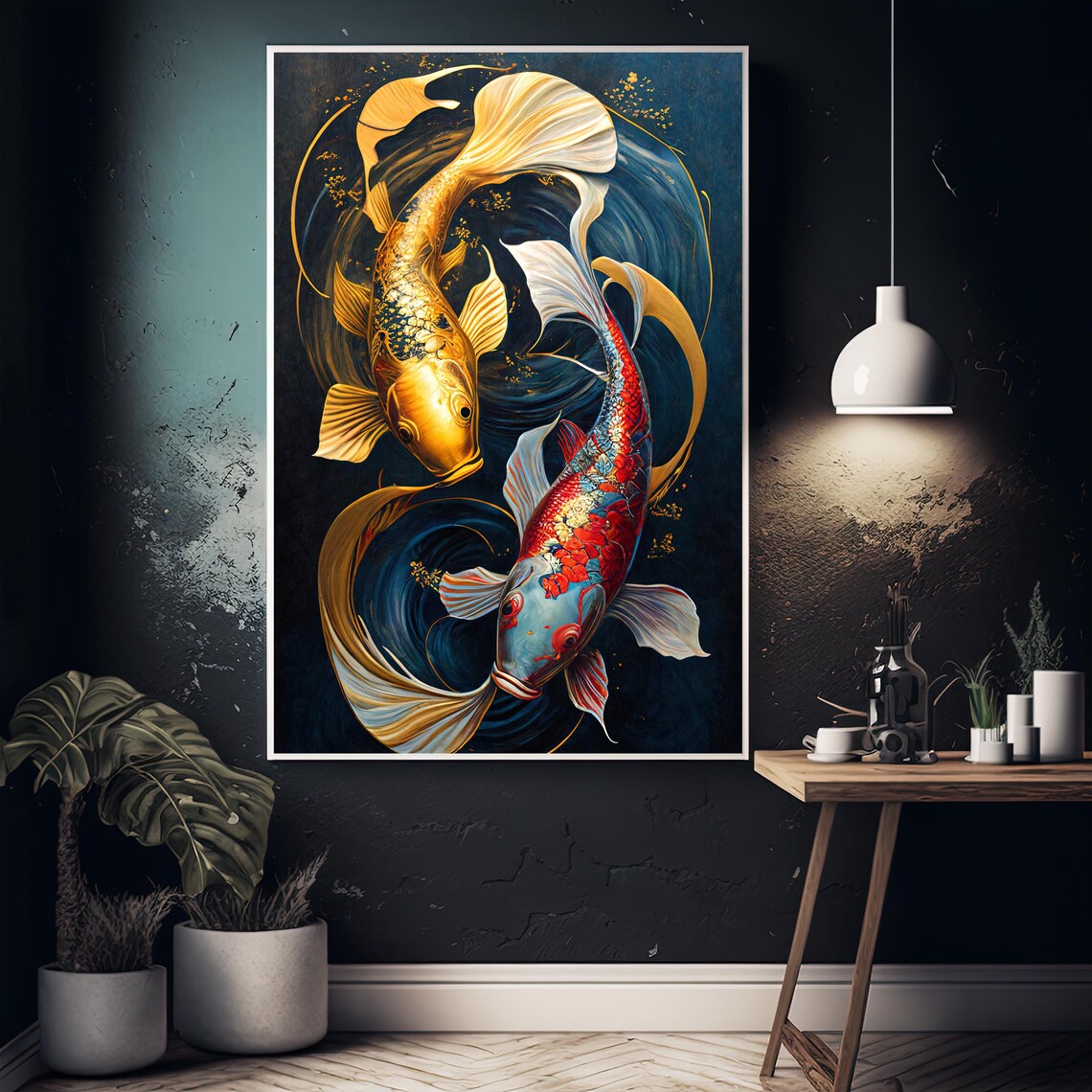 Golden And Red Koi Fish Pair Swirling On Dark Blue Modern Art Poster - Image 5