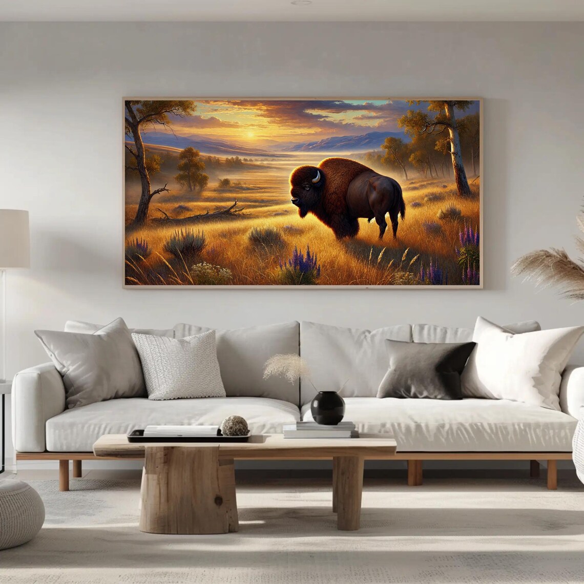 Bison Sunset Golden Meadow Wildflowers Majestic Prairie Landscape Poster - Image 5