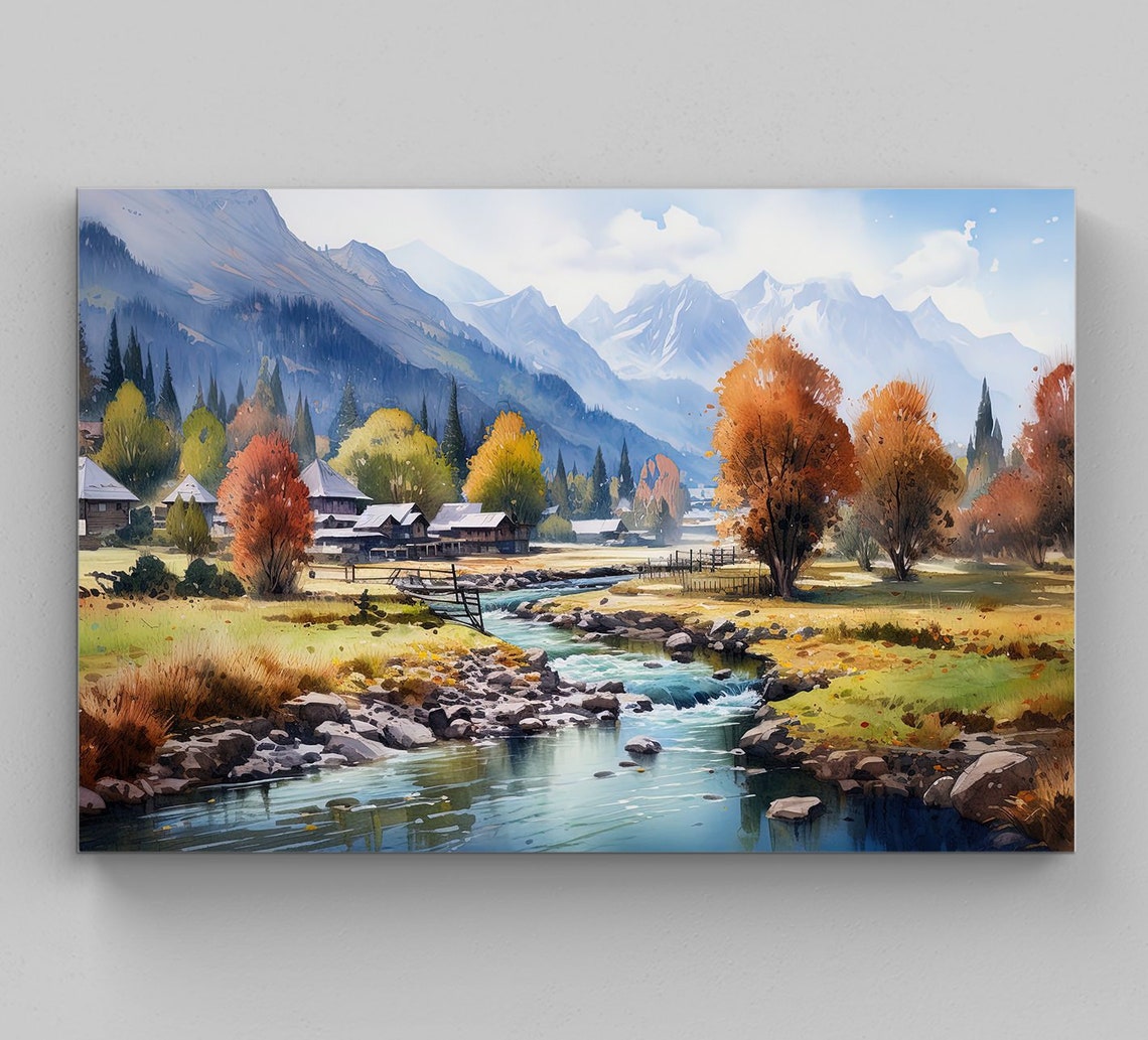 Kashmir Mountain Valley River Village Autumn Watercolor Poster