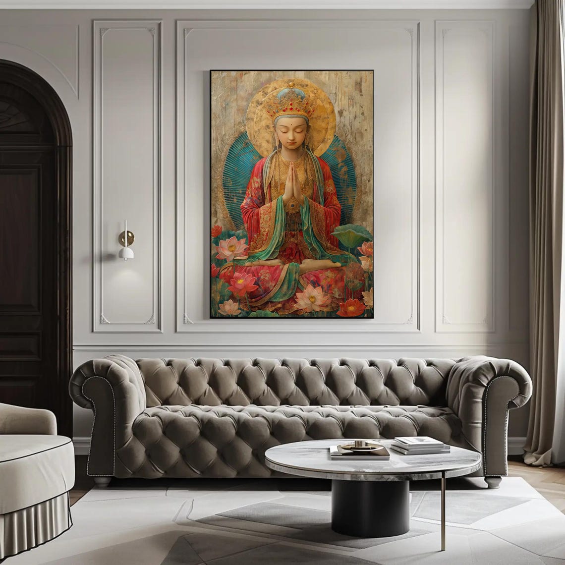 Tara Buddhist Goddess In Prayer Surrounded By Lotus Blooms Poster - Image 3