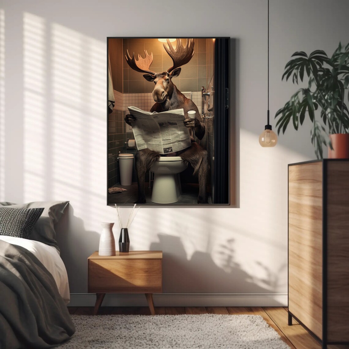 Funny Moose Reading Newspaper Sitting on Toilet Bathroom Humor Poster - Image 4