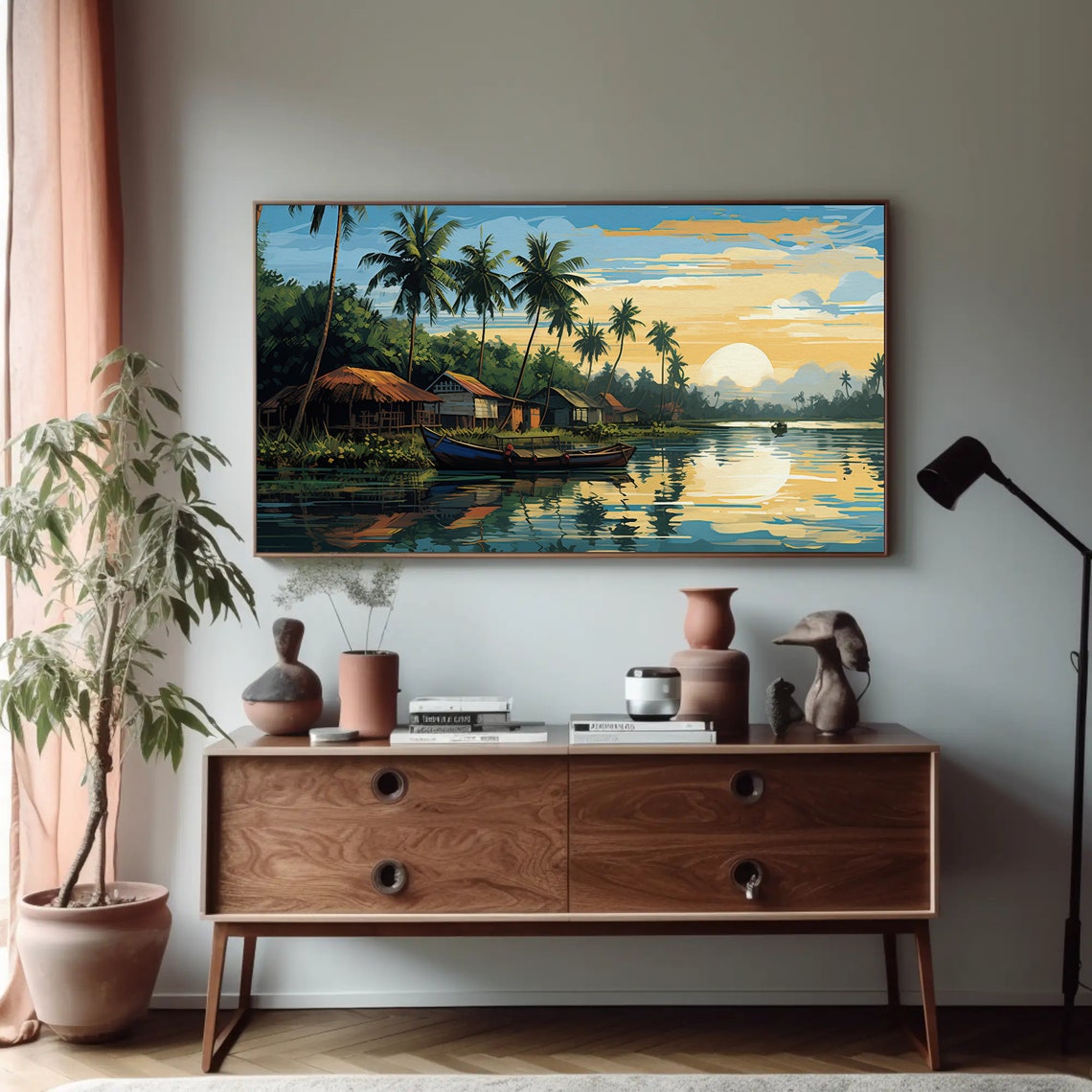 Kerala Backwaters at Sunrise with Boats and Palm Trees Poster - Image 3