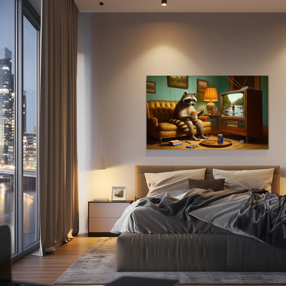 Raccoon Watching TV On Couch With Peanut Butter Jar Oil Poster - Image 5