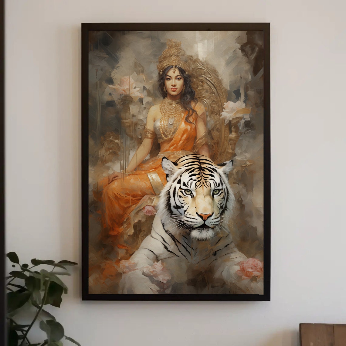 Hindu Goddess Durga White Tiger Orange Saree Deity Painting Poster - Image 4